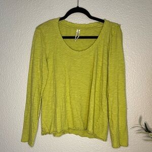 Anthropologie Frayed Scoop Neck Long Sleeve Tee, Size L Apple Green